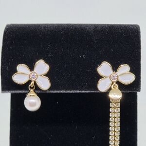 Gold and White Floral Earrings with Pearl Accent